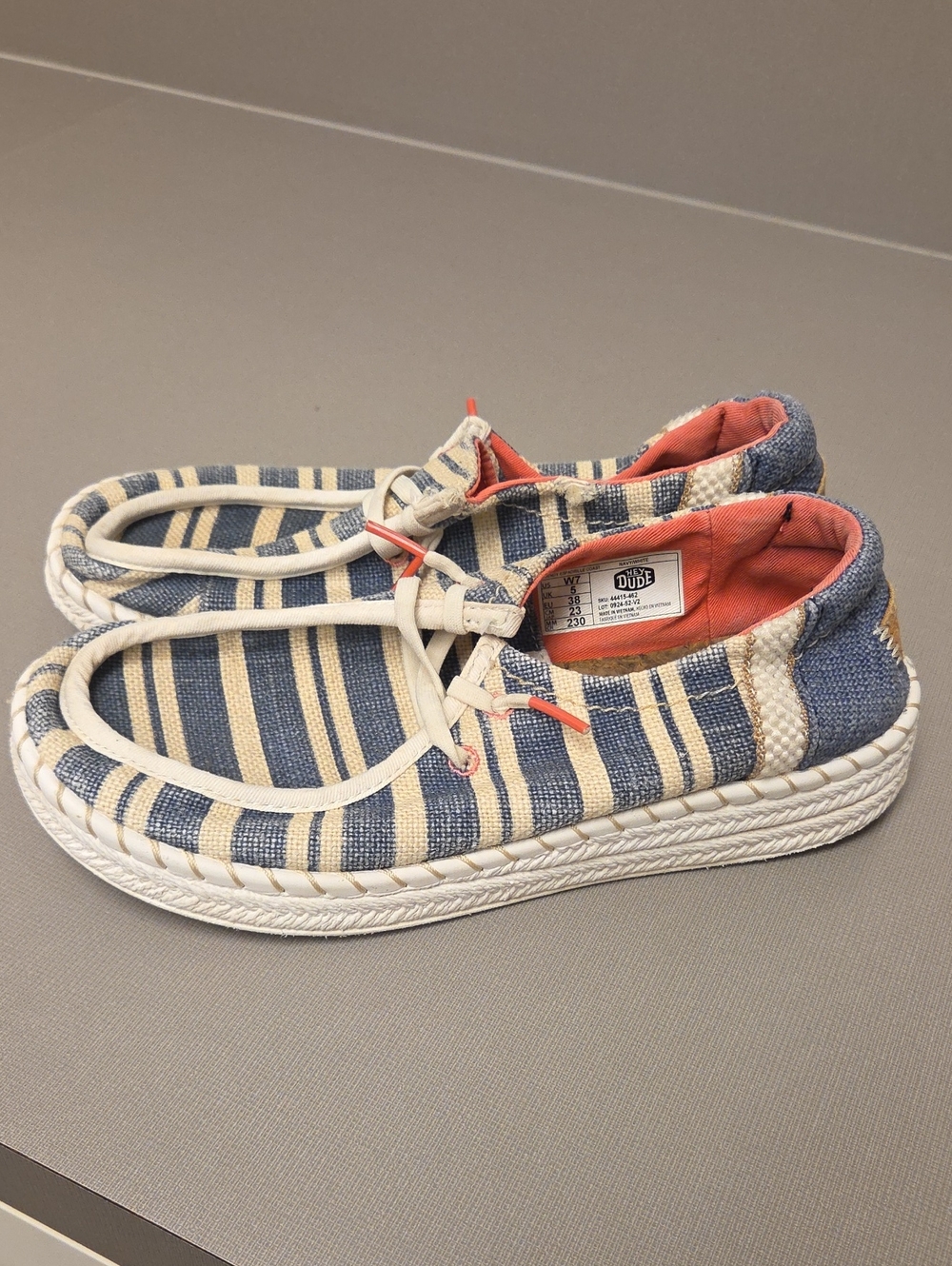 HeyDude Blue & Cream Striped Sneakers with Coral Lining Size 7